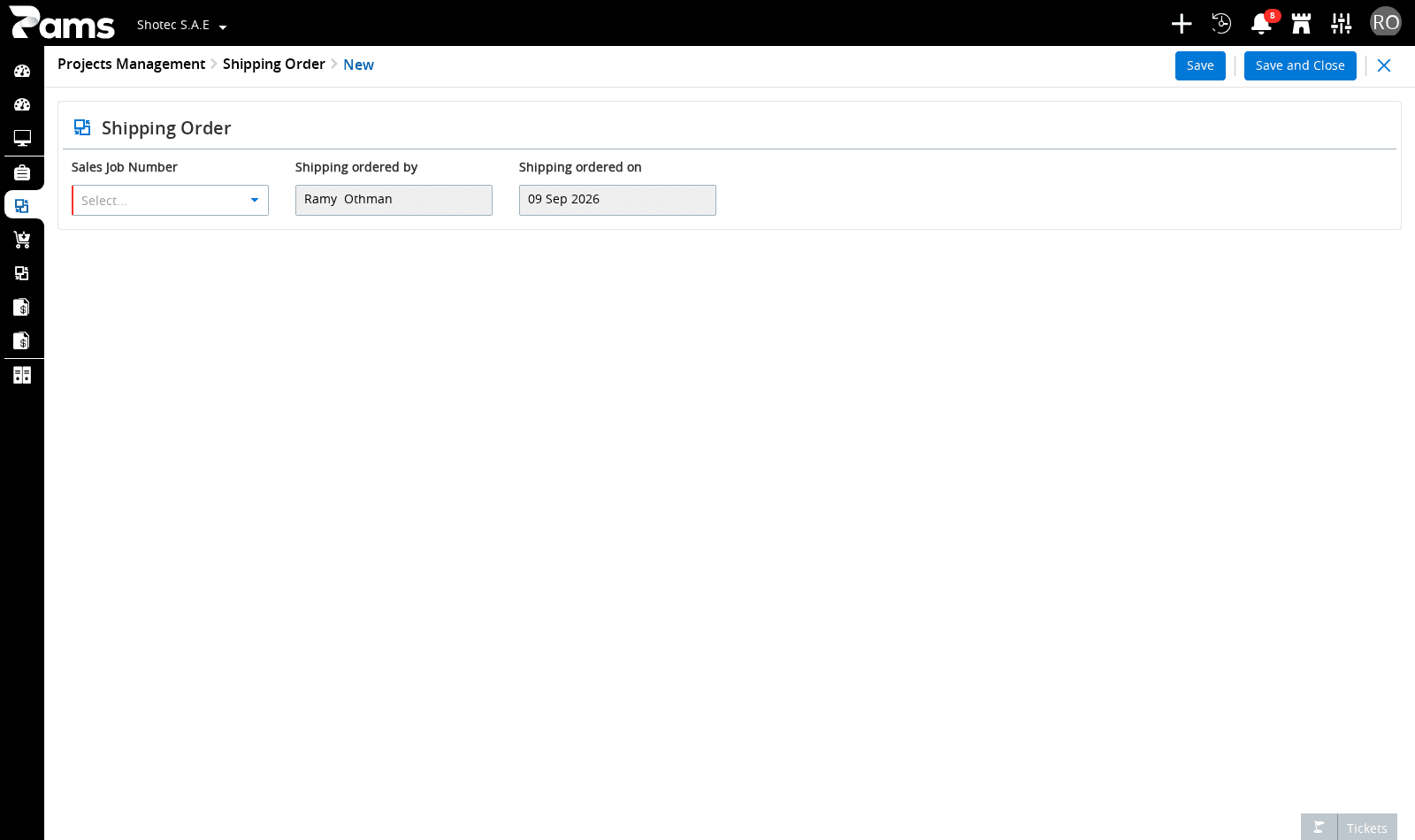 New Shipping Order form with the required sales-job and order-date fields