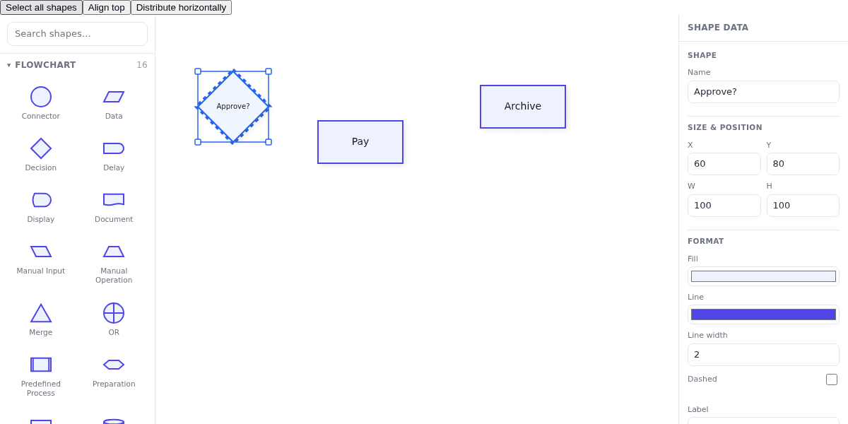 JavaScript: a searchable Flowchart rail, three shapes, arrangement buttons, and the selected decision's property sheet.