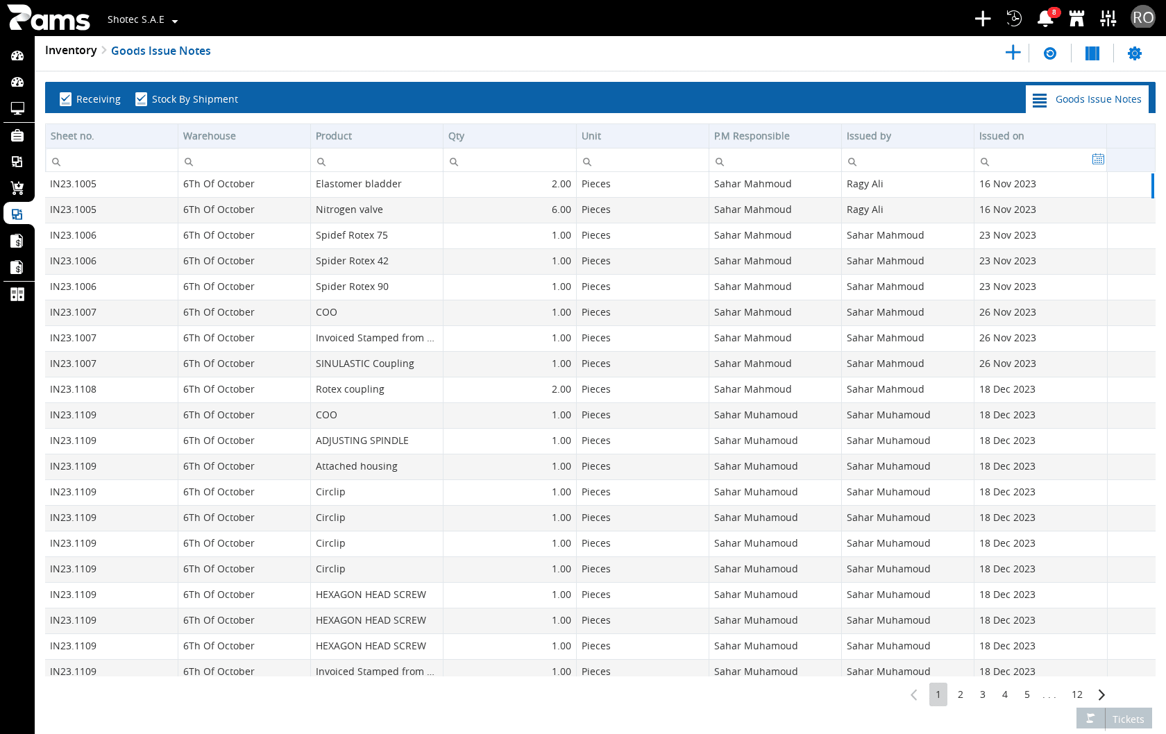 Use the visible list headers to identify a saved goods issue note.