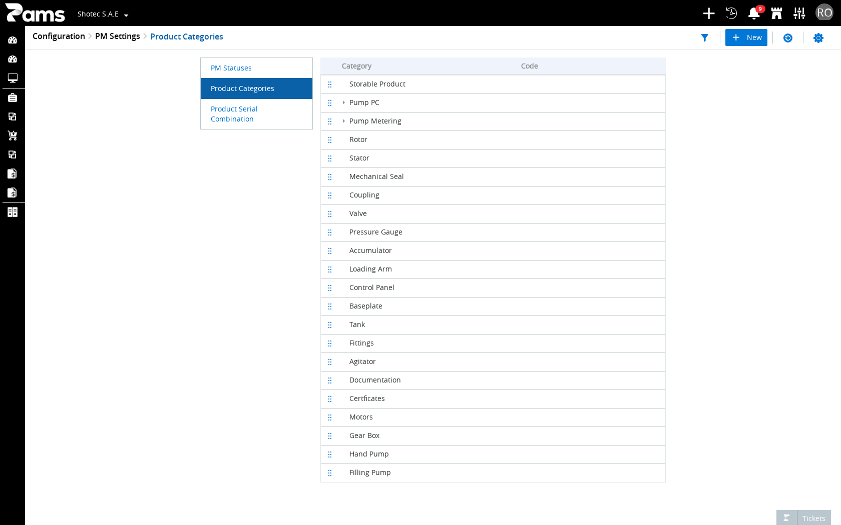 Check the Product Categories title and the Category and Code columns.