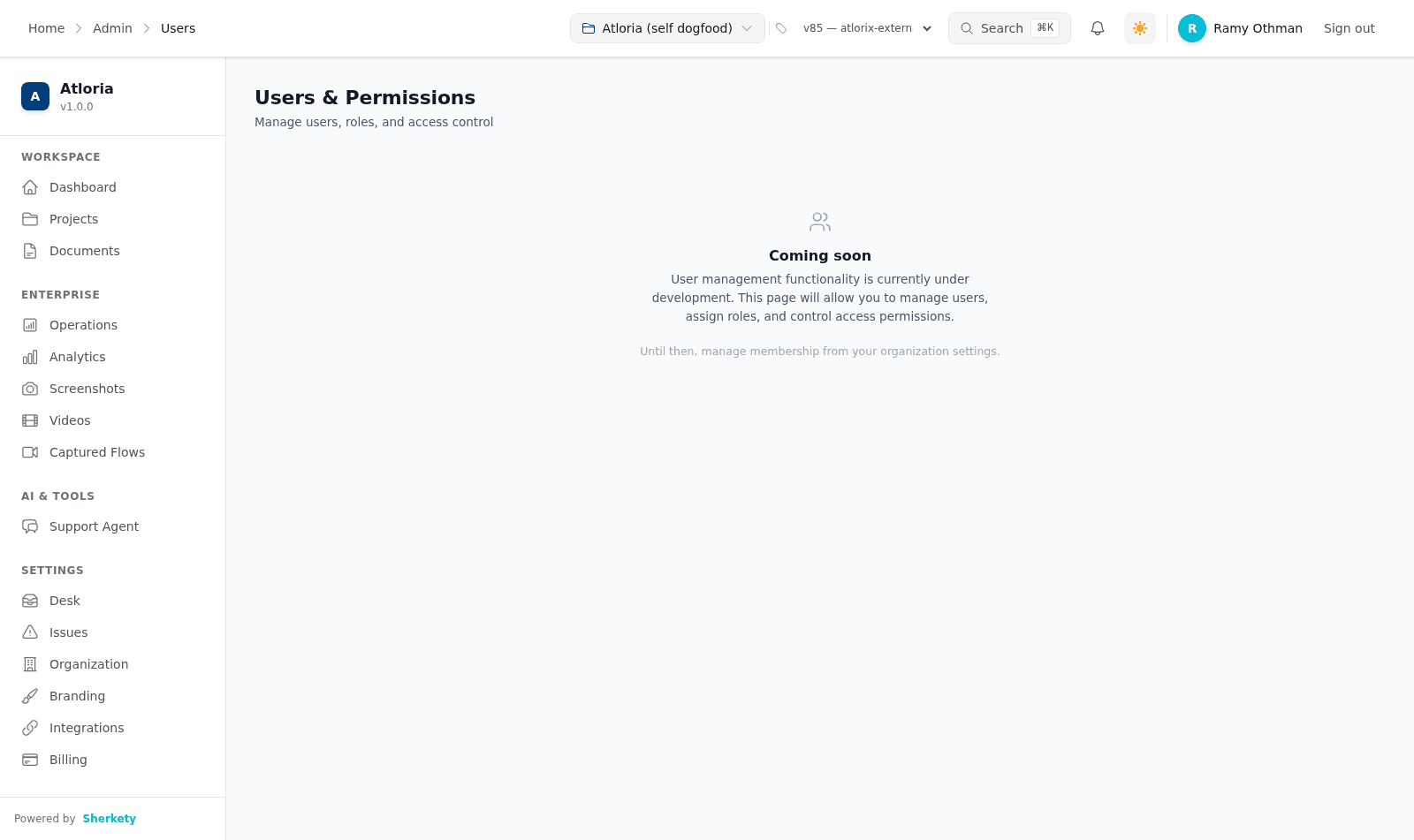 The users area after selecting a user-management destination