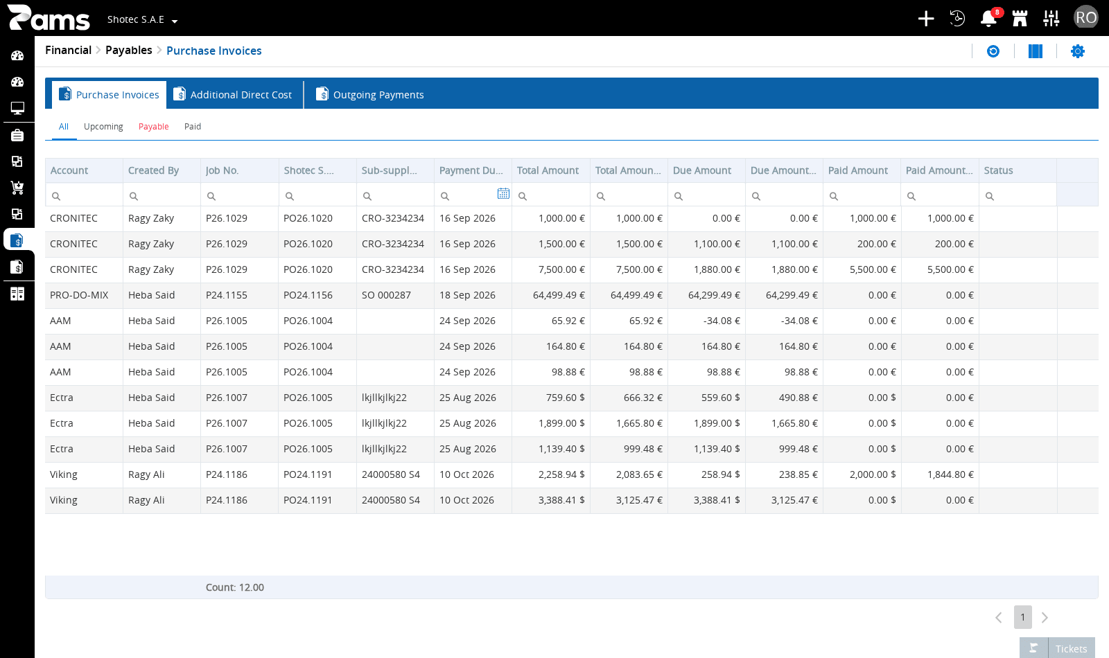 Read the current Purchase Invoices headers and list controls before reviewing a row.