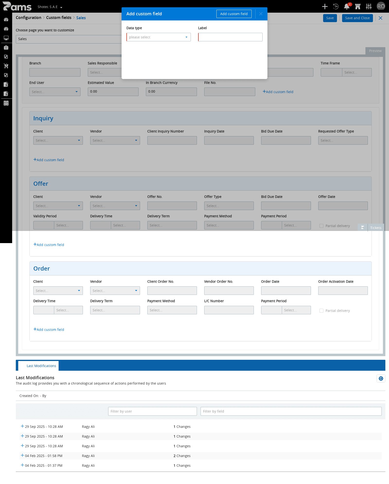 Fill Data type and Label in the add-field dialog before saving.