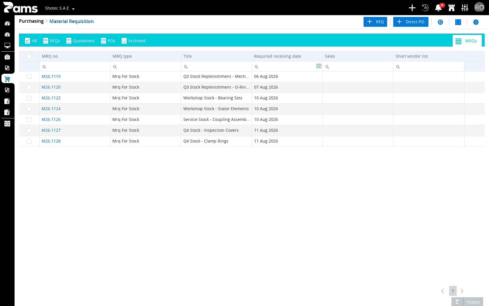 MRQ list headers and work tabs