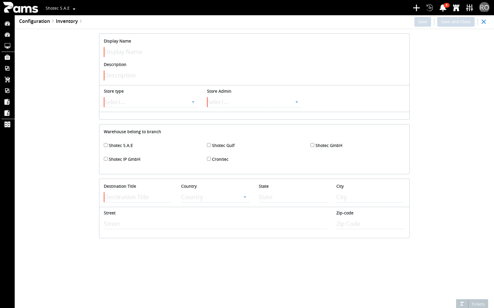 The new-record form with its required fields and save controls