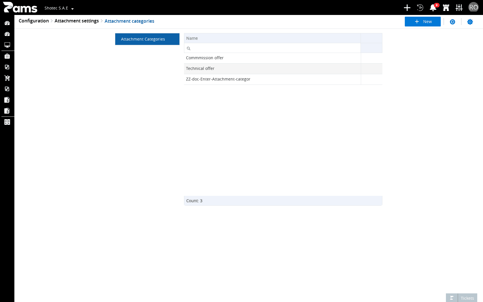 The Attachment categories list with its Name column, row count, and controls