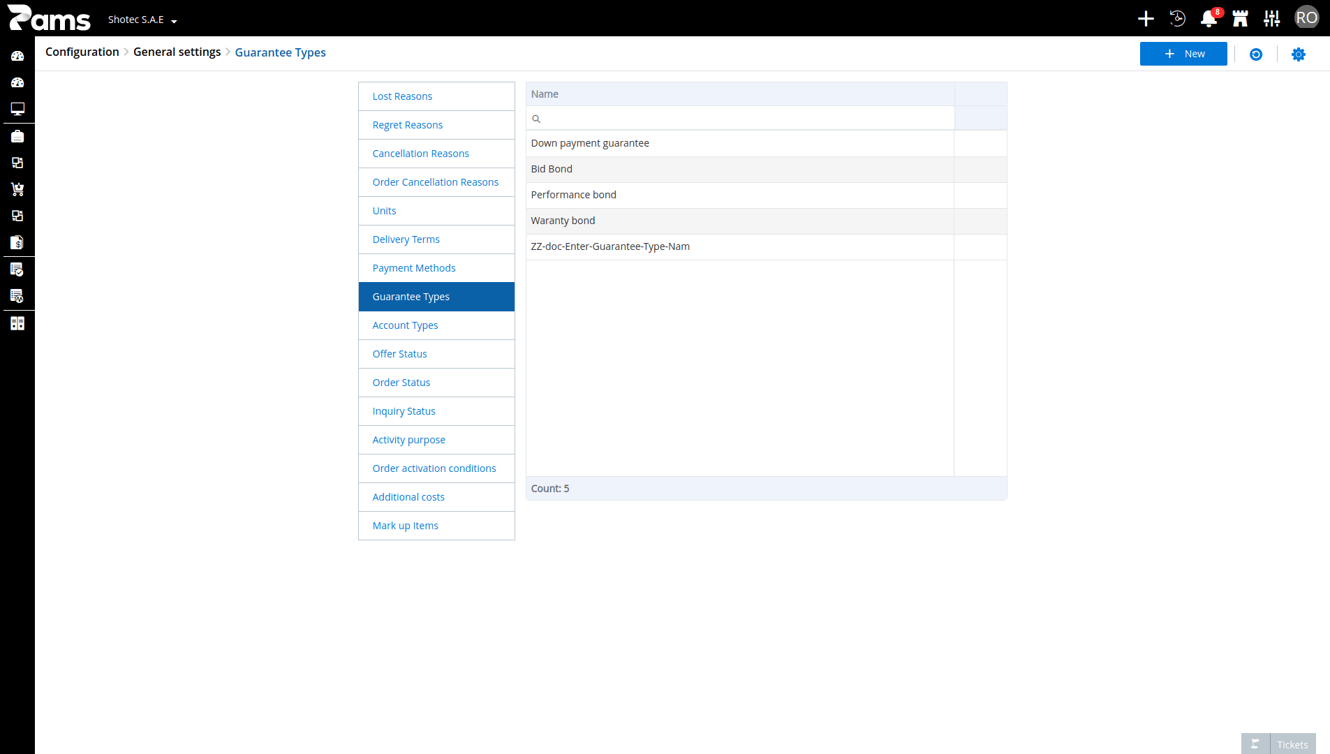 Configure Guarantee Types