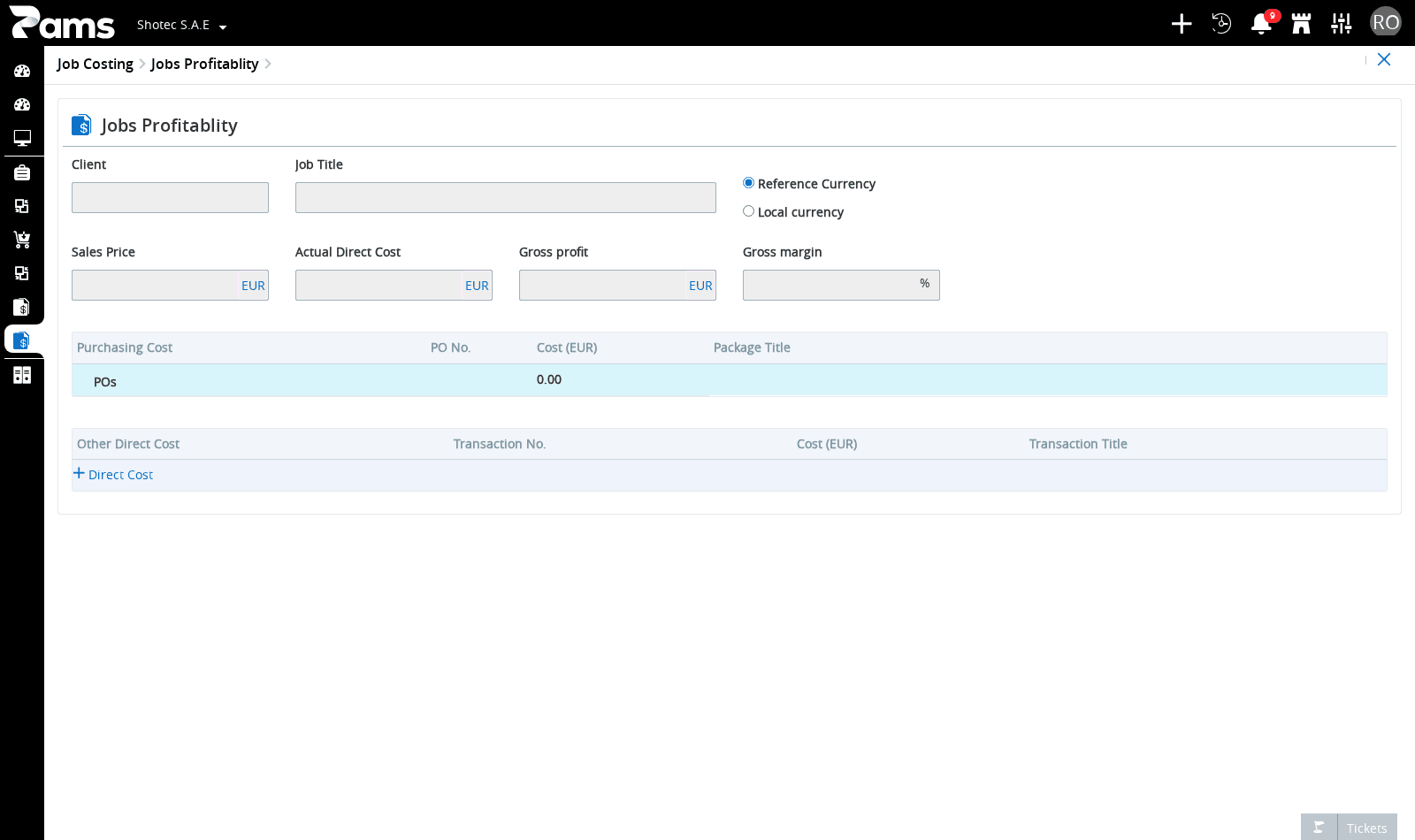 Review the purchase-order cost rows and their column headers.