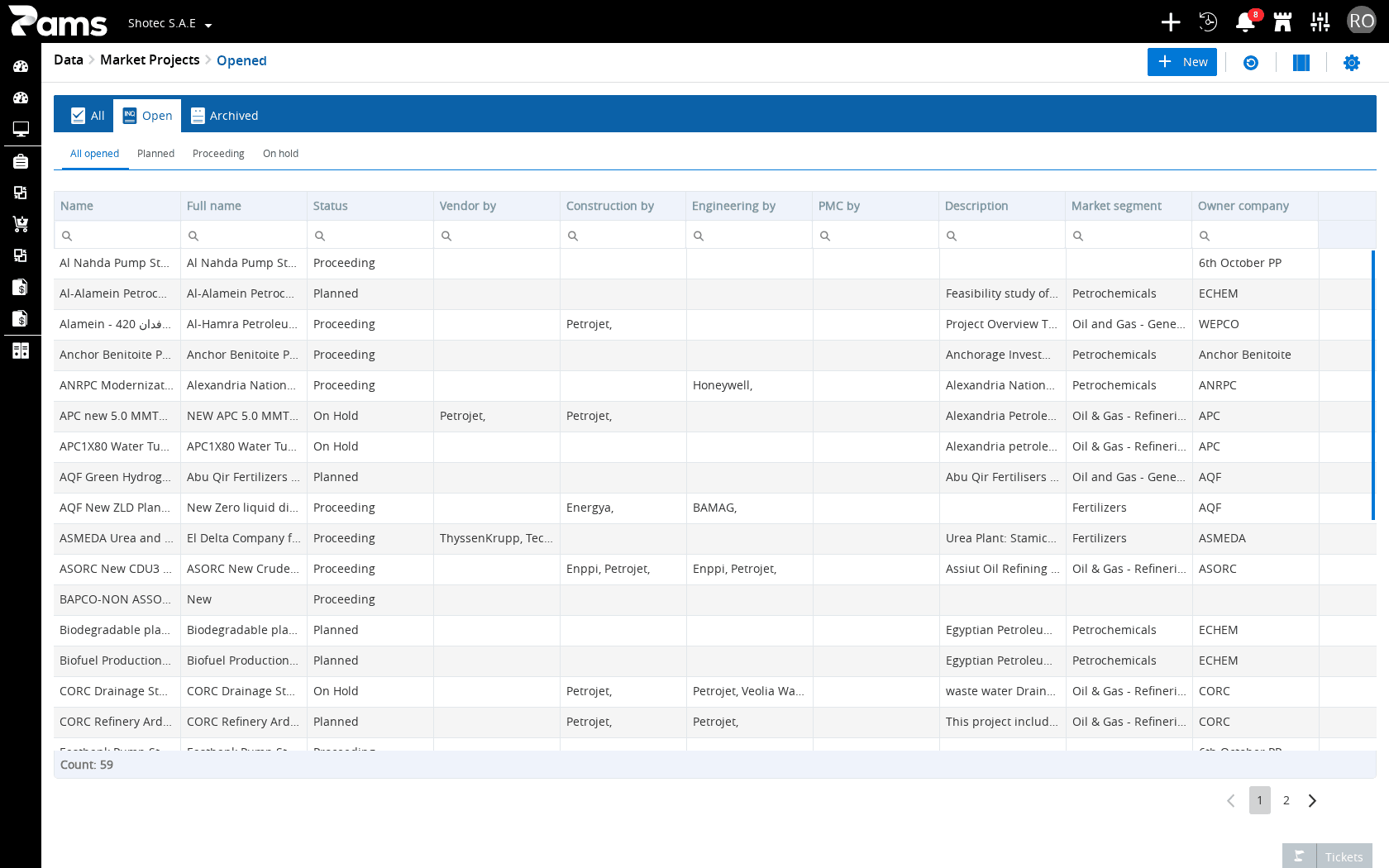 Use the list headers to identify the project row.