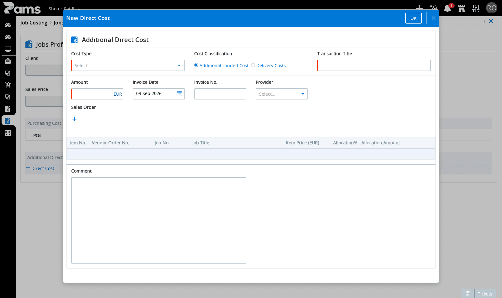 Check the direct-cost choices, visible allocation columns, and the Sales Order readout.