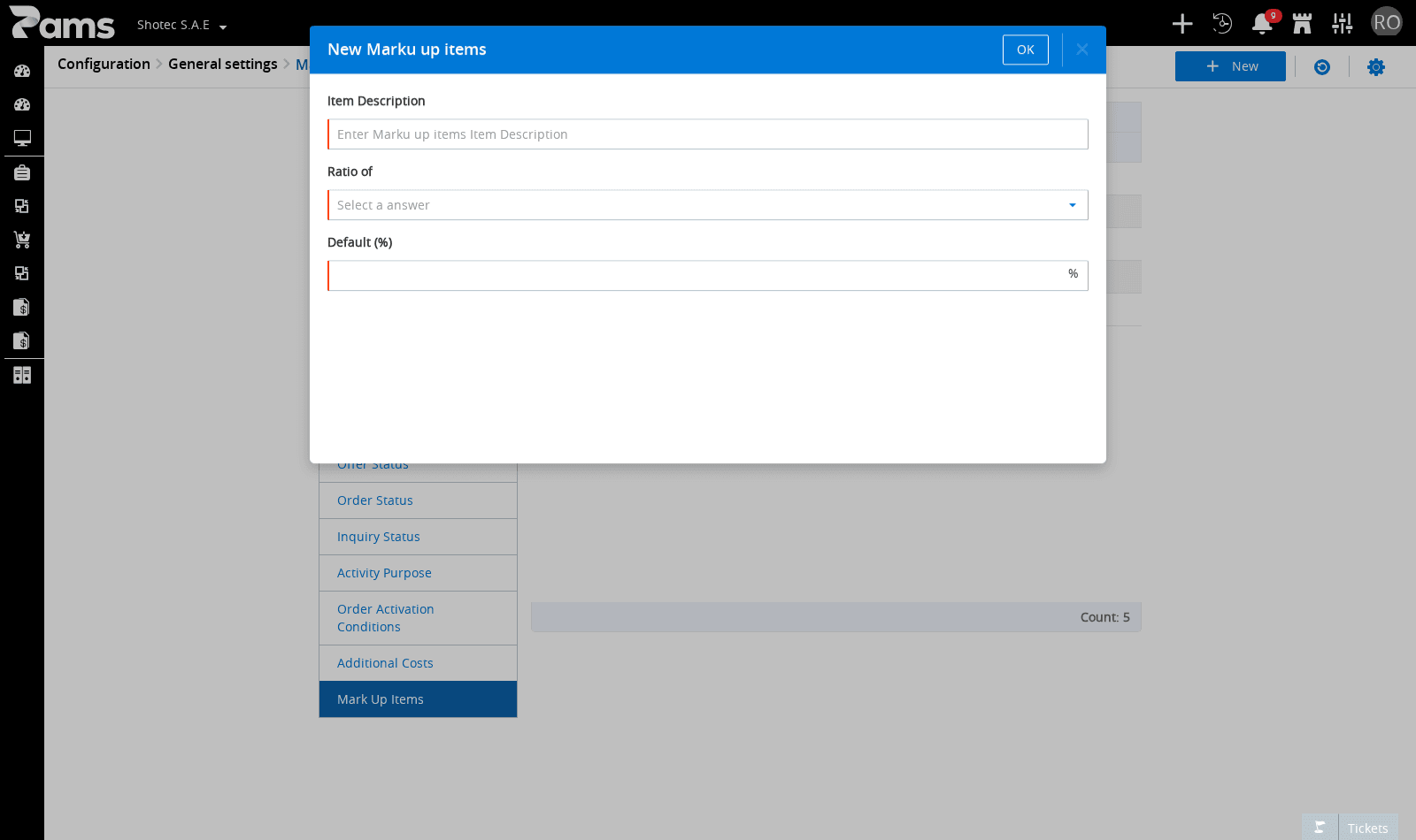 Review the fields in the new margin-item dialog.