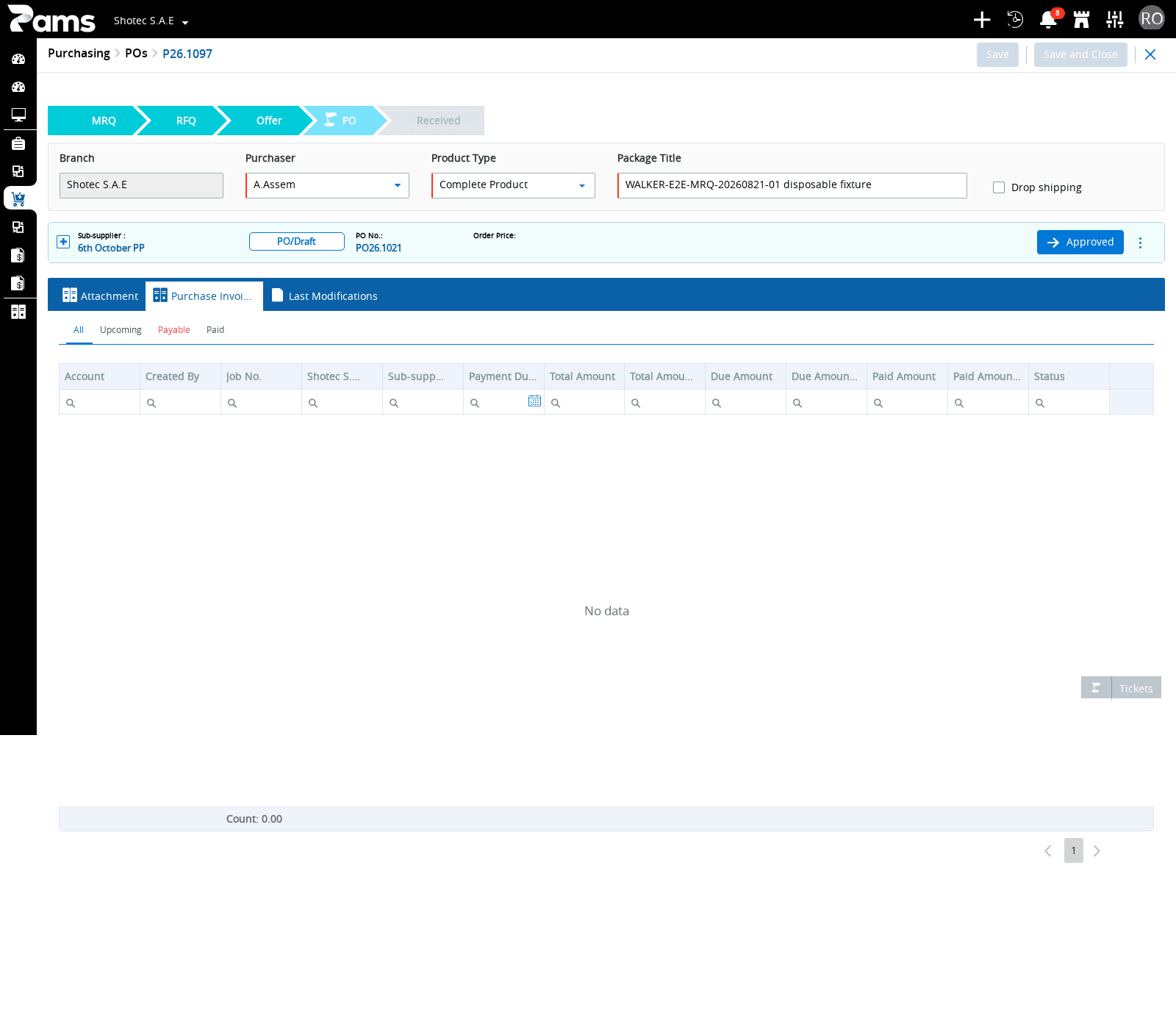 Recognize the saved-record tabs and the Purchase Invoices columns.
