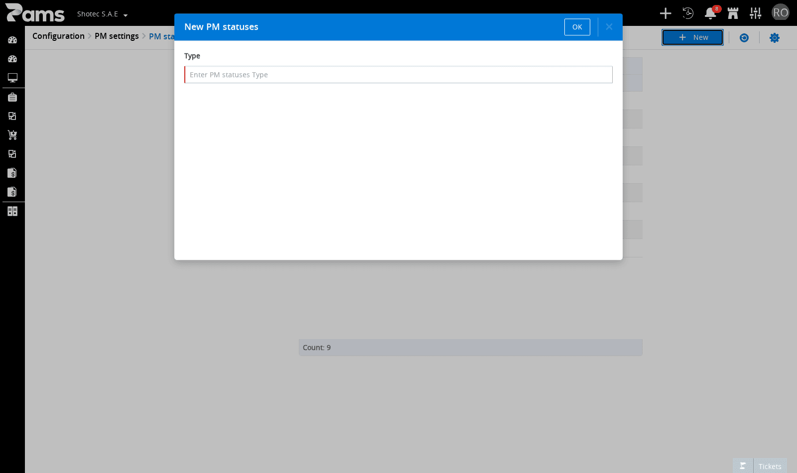 Identify the required Type field and OK in the New PM statuses dialog.