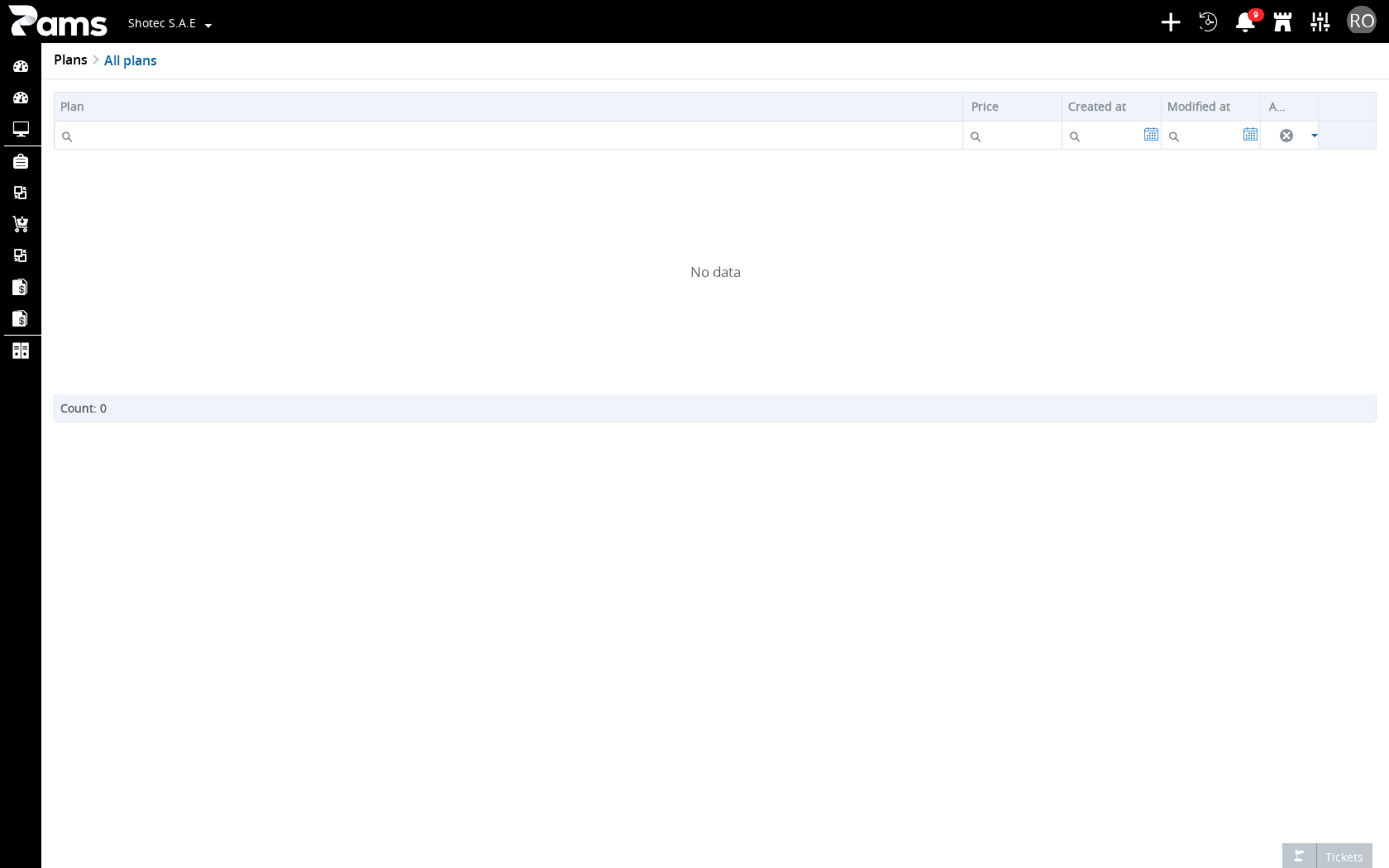 Review the plan list by its breadcrumbs, column headers, and empty-list readouts.