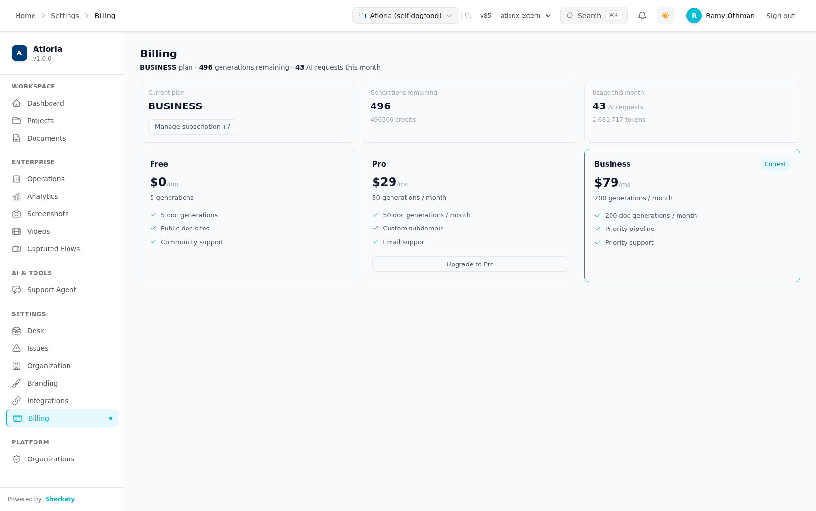 The Billing page with the summary cards, plan cards, and available subscription actions.