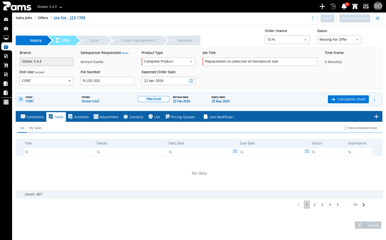 Tasks tab with the job-linked task list and visible columns