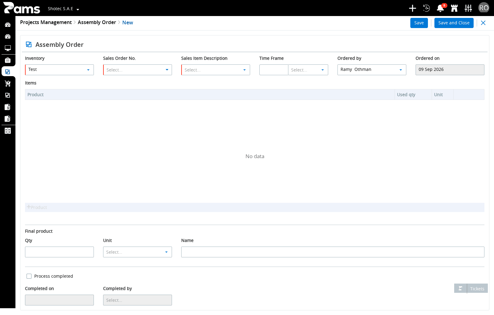New Assembly Order fields and empty item grid