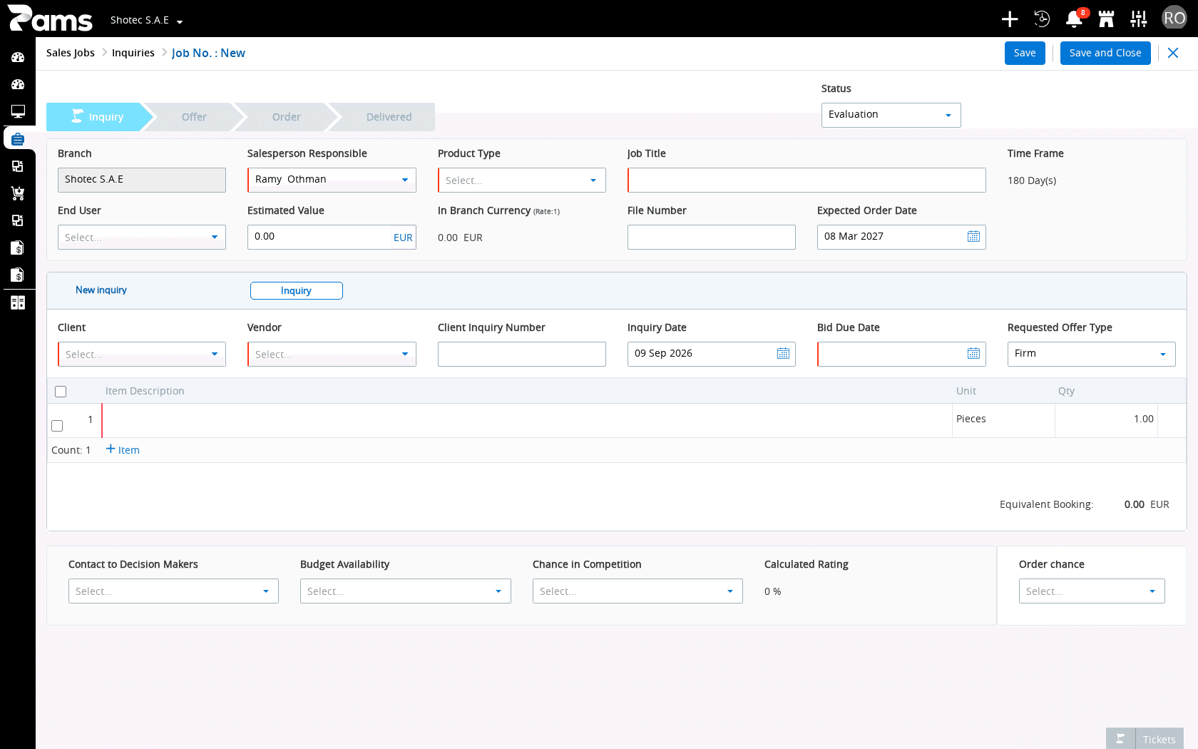 Check the stage controls, form fields, item headers, and Save buttons on a new sales-job form.