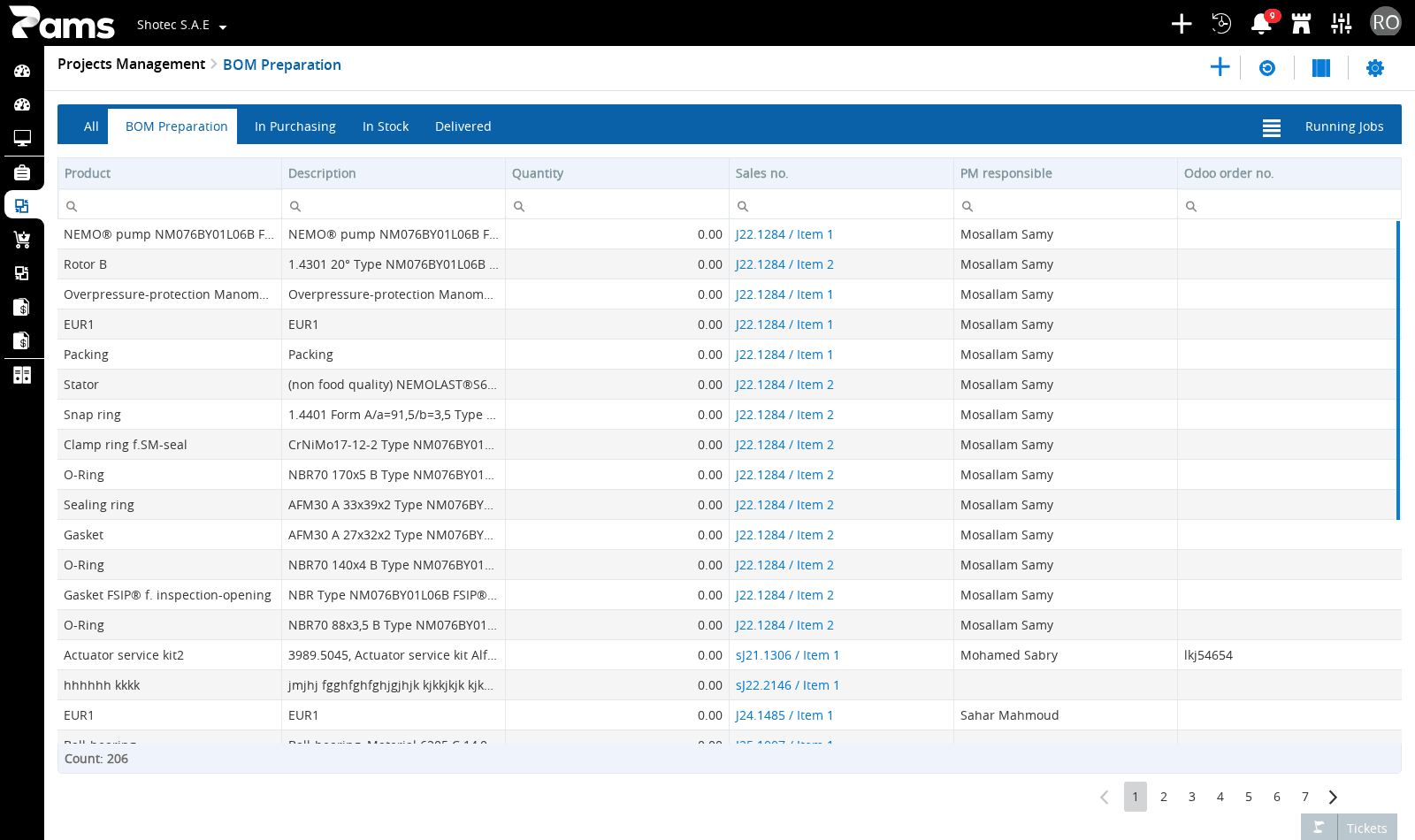 Project-management list rows and toolbar