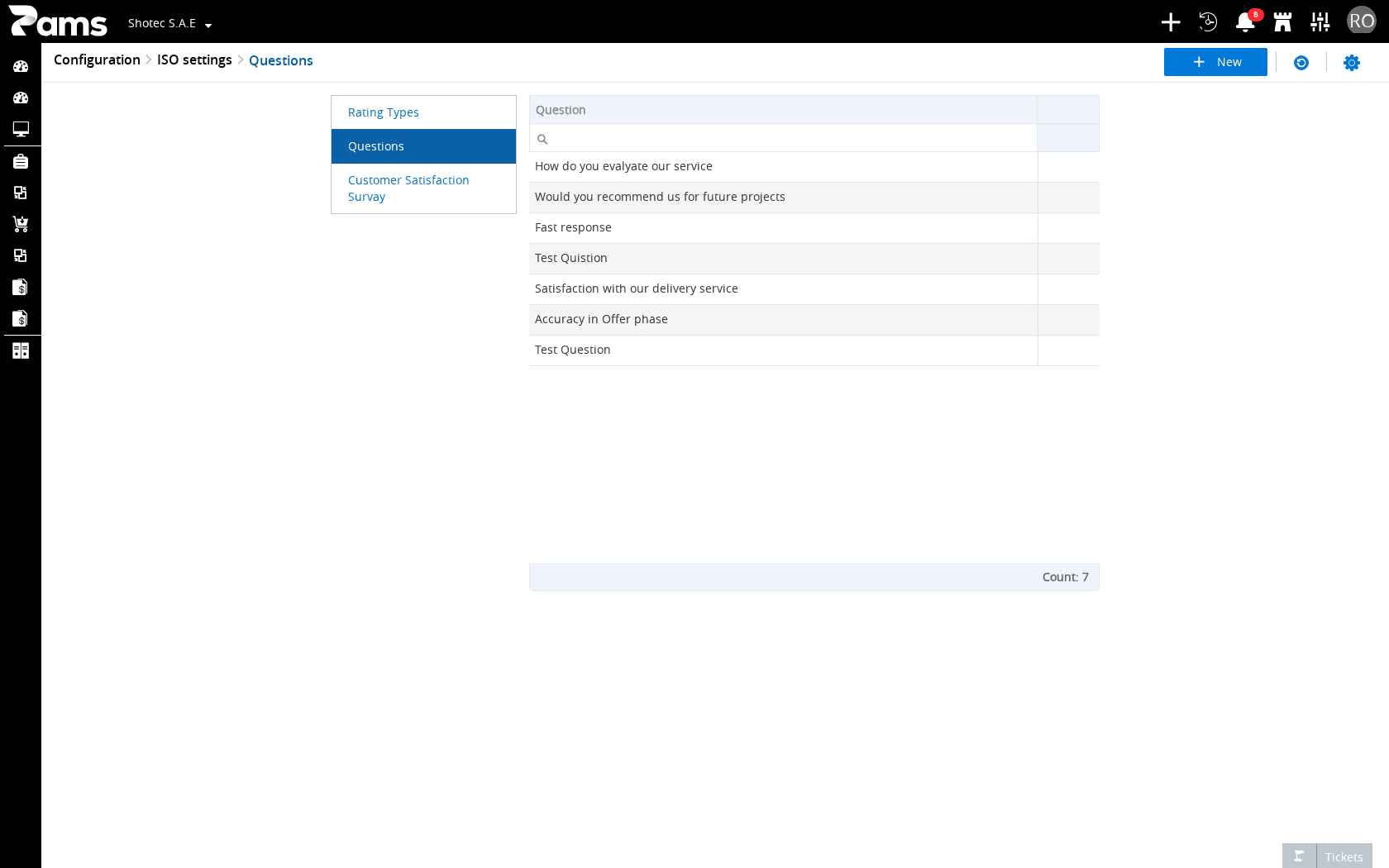 The Questions list with its heading, navigation labels, and available actions