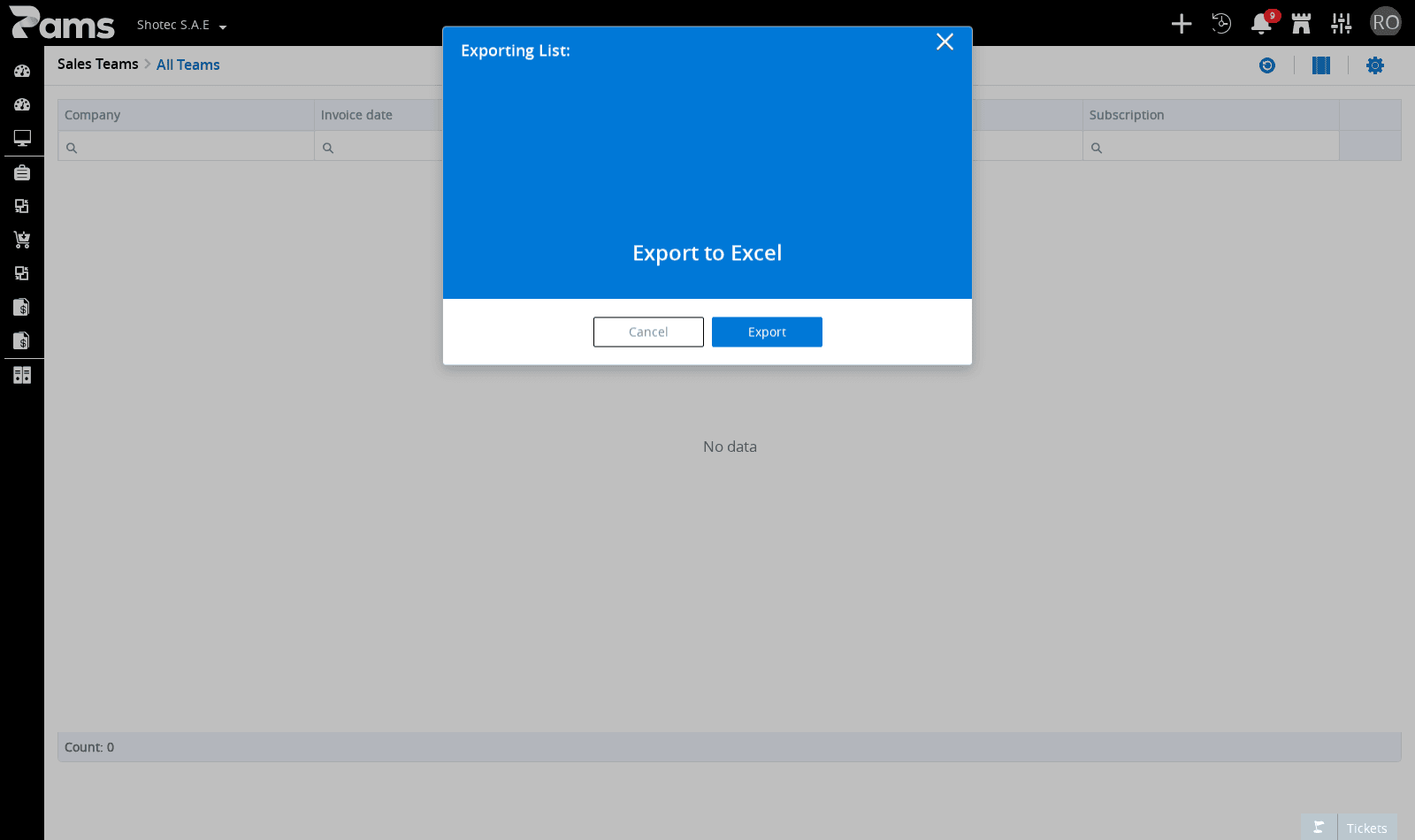 Review the export dialog heading and actions before selecting an export format.