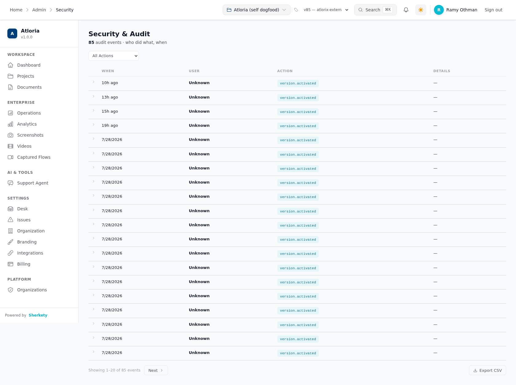 The Security & Audit page with the project audit list, action filter, event columns, and paging controls visible.