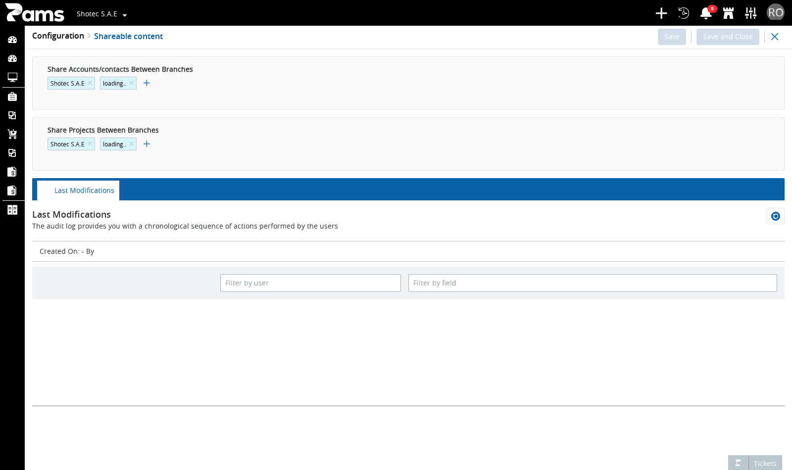 Locate the two sharing fields and the page actions