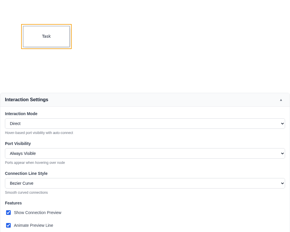 The expanded interaction settings panel appears with the task canvas.