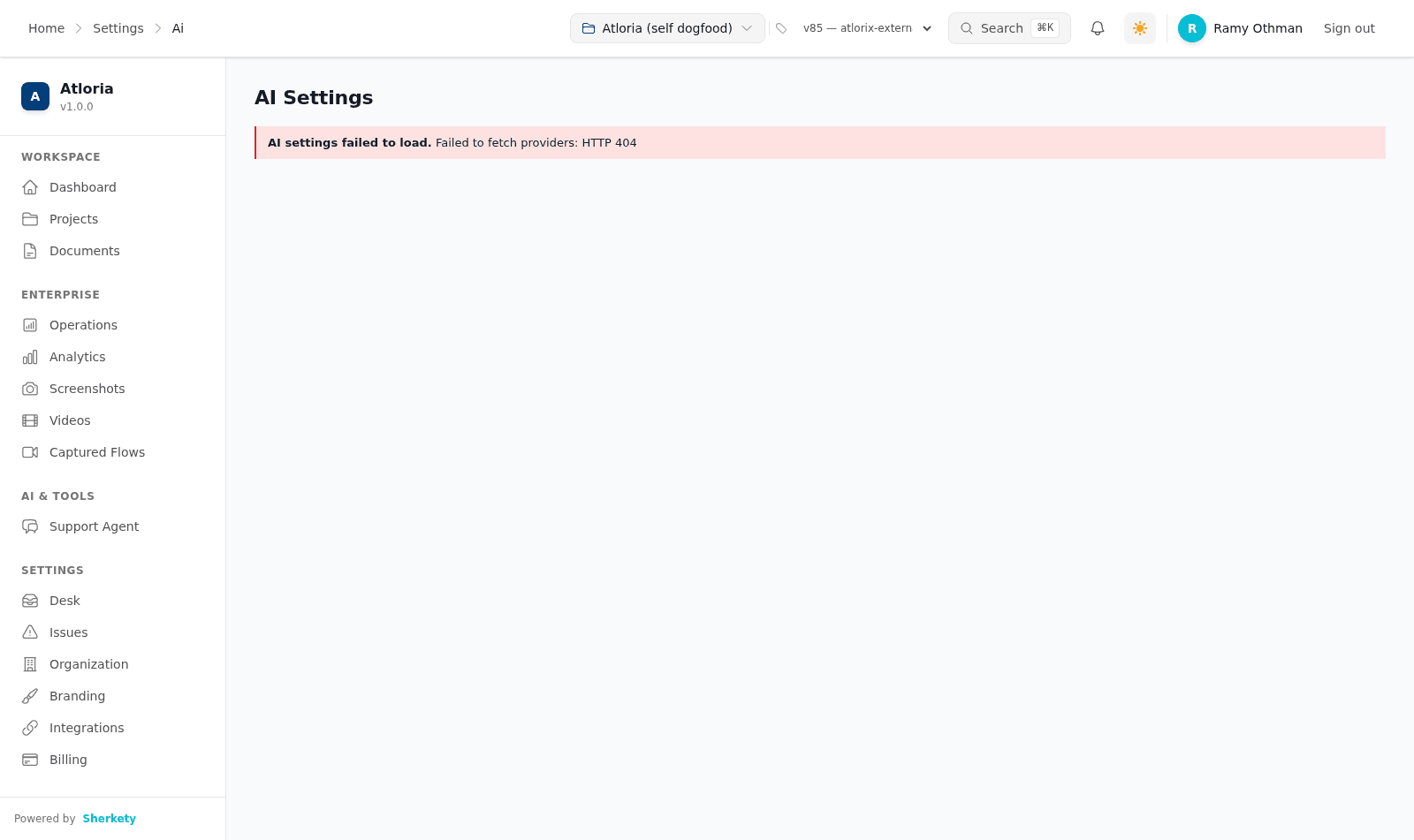 The AI configuration destination displaying 404