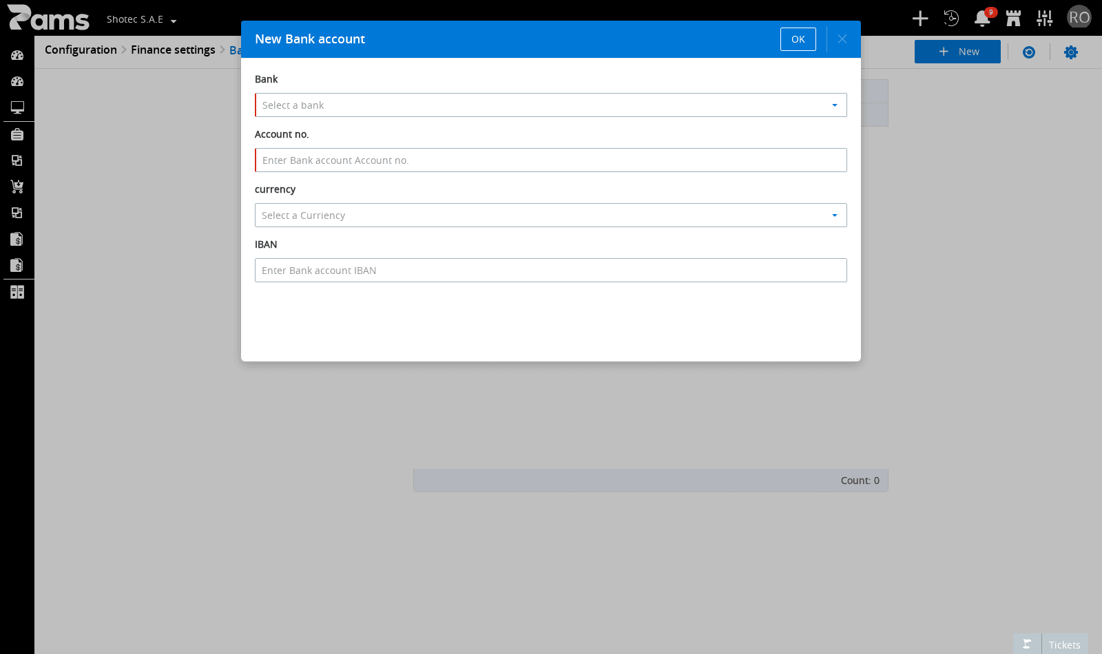 Inspect the Bank, Account no., currency, and IBAN fields before leaving the form