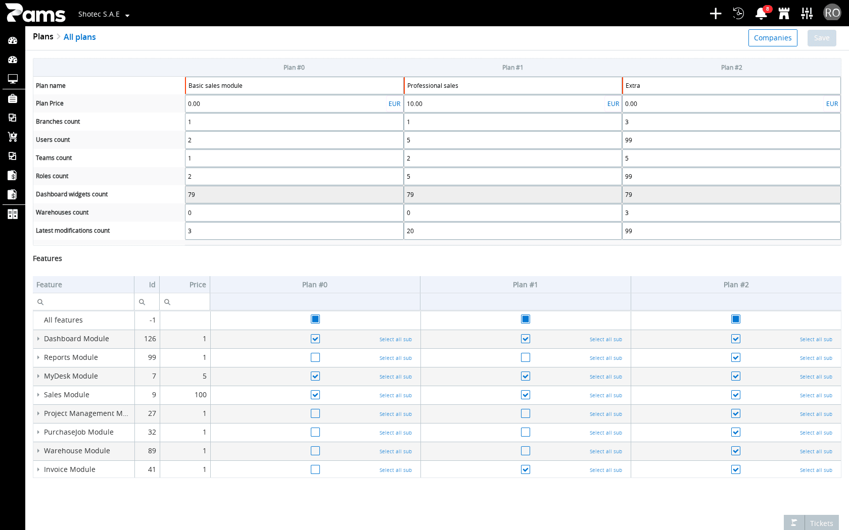 Compare the plan fields and the Feature, Id, Price, and plan headers.