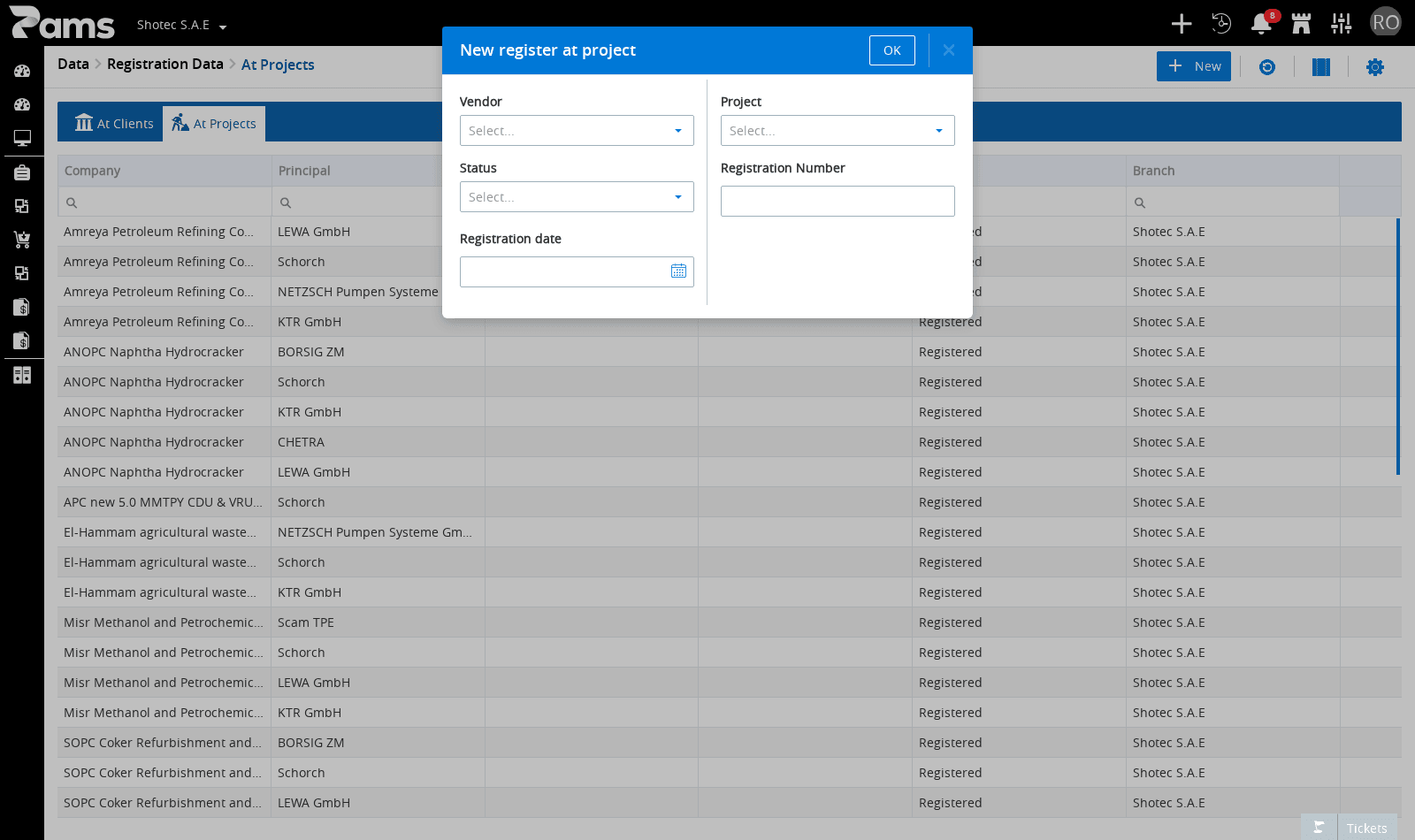 Project registration popup with its fields and required markers