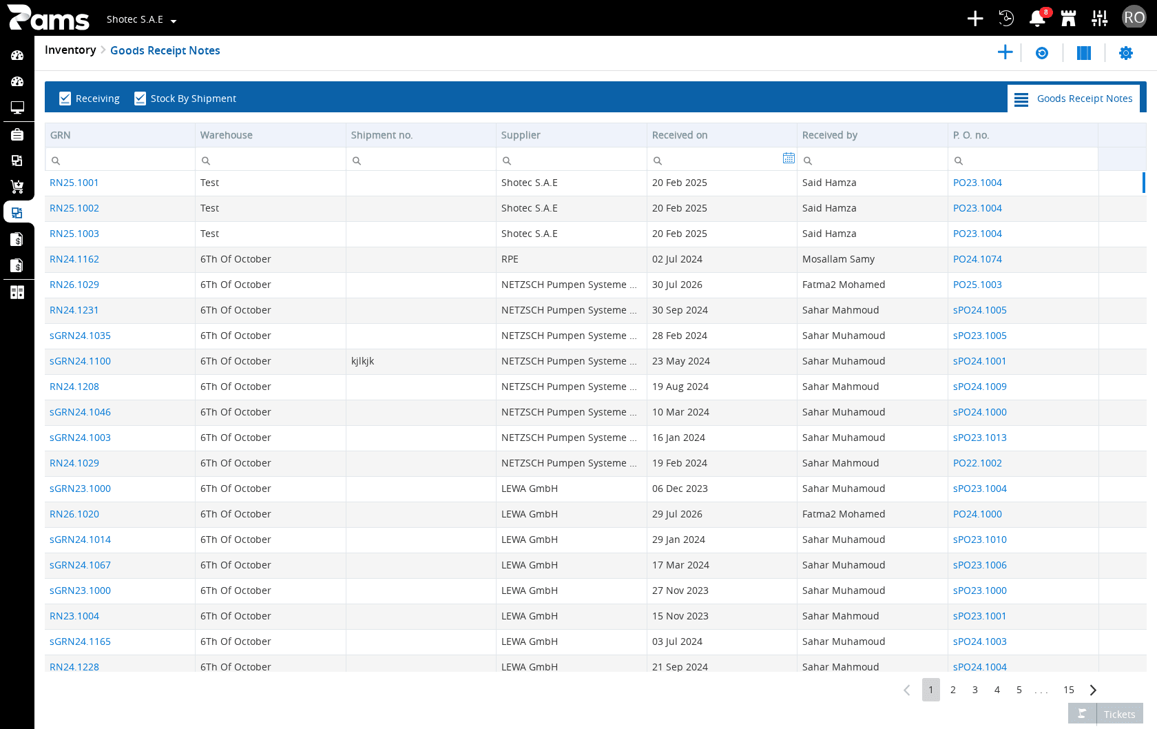 Check the receiving list heading and column headers.