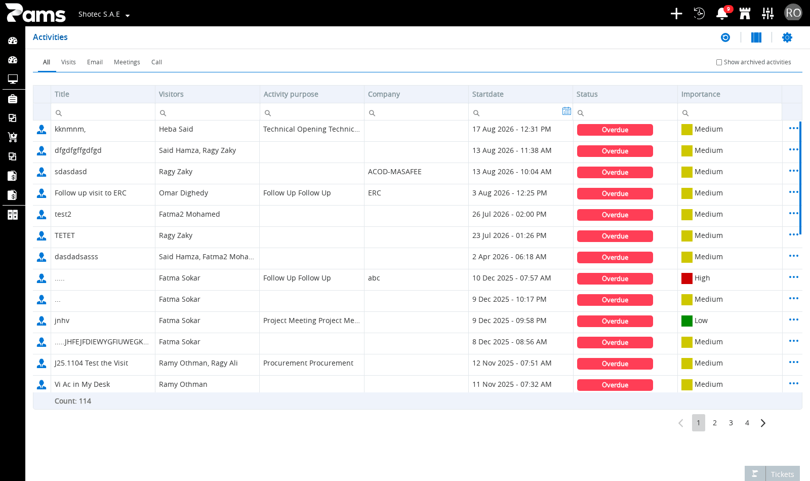 The Activities list after selecting All