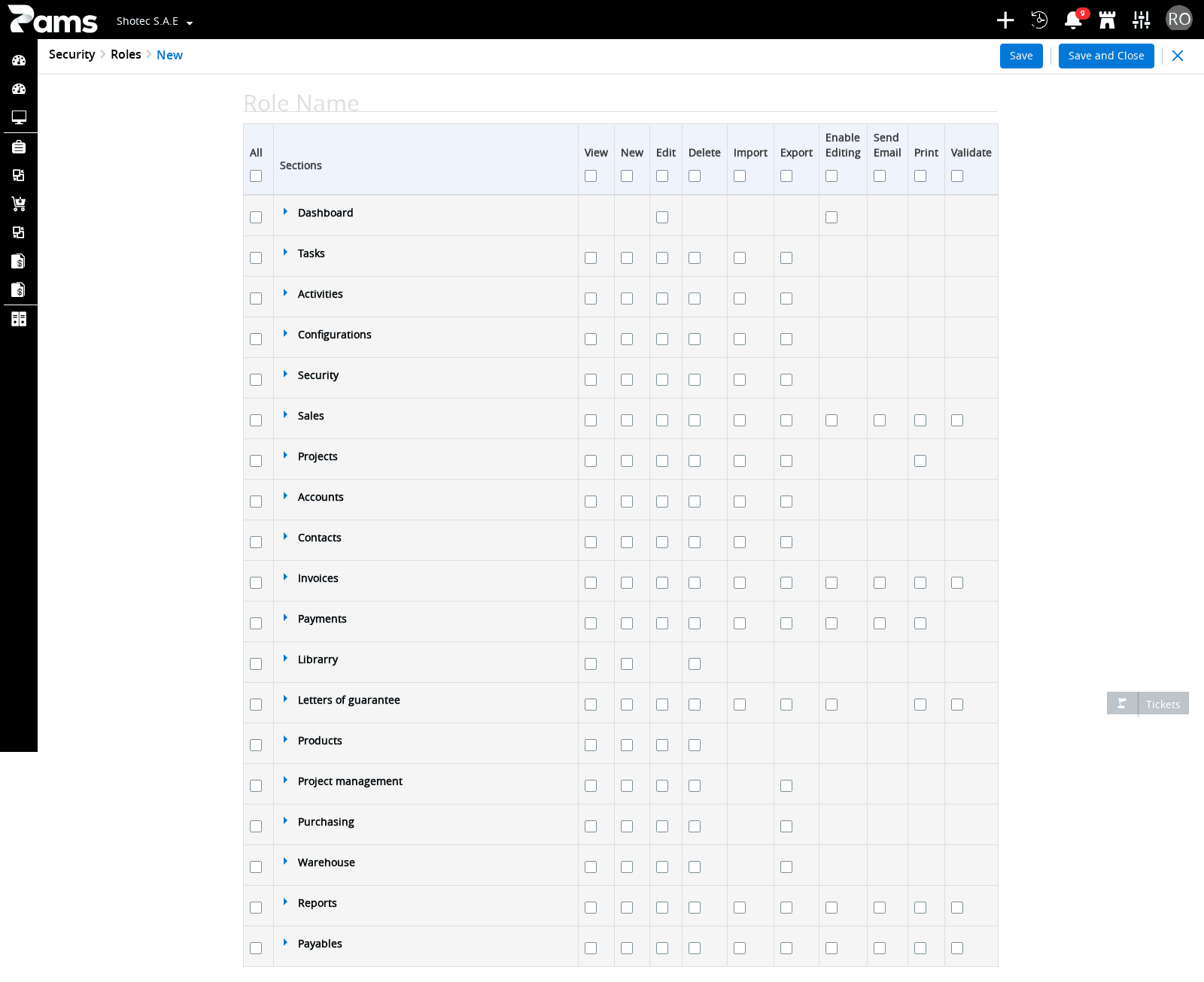The new-role permission matrix and its access columns