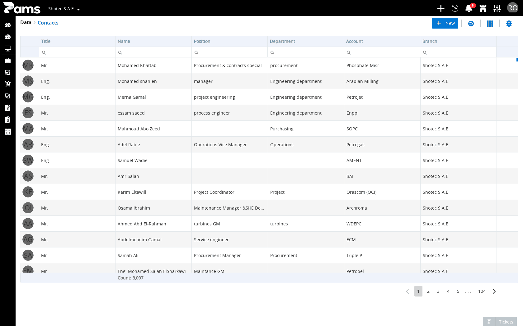 Read the six visible Contacts list headers and row layout