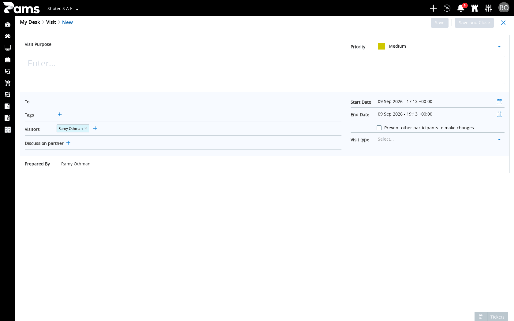 The Visit form with its activity fields and save controls