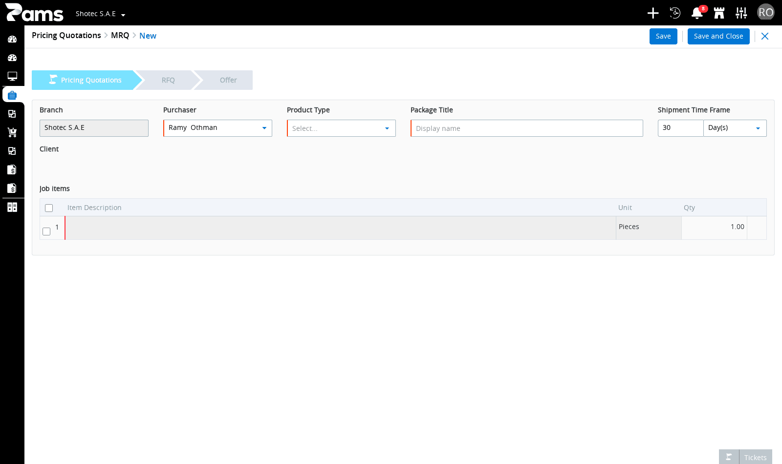 The new-record fields and RFQ item grid