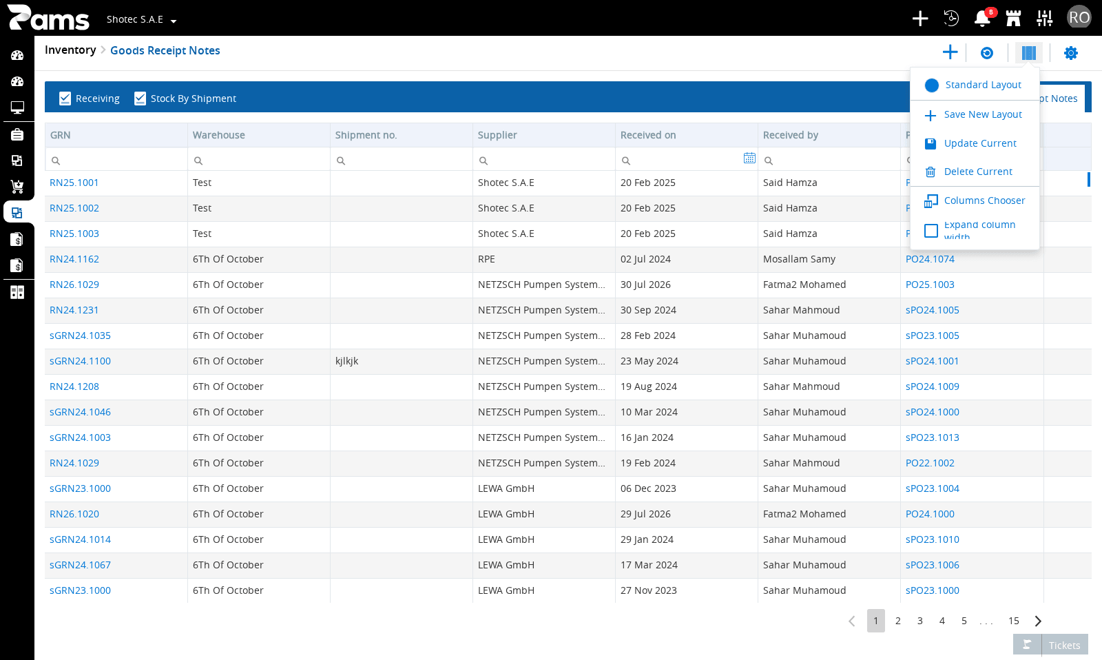 Check the receiving layout choices.