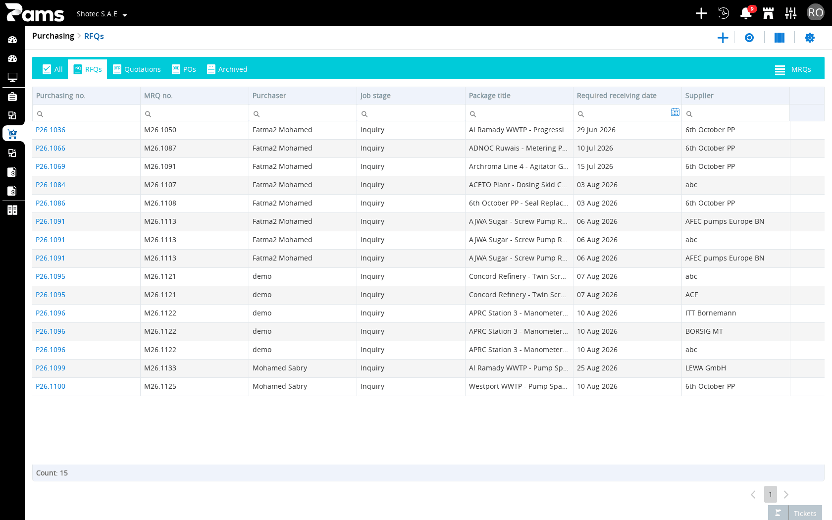 Use the RFQ list headers to identify the purchase job before opening it.