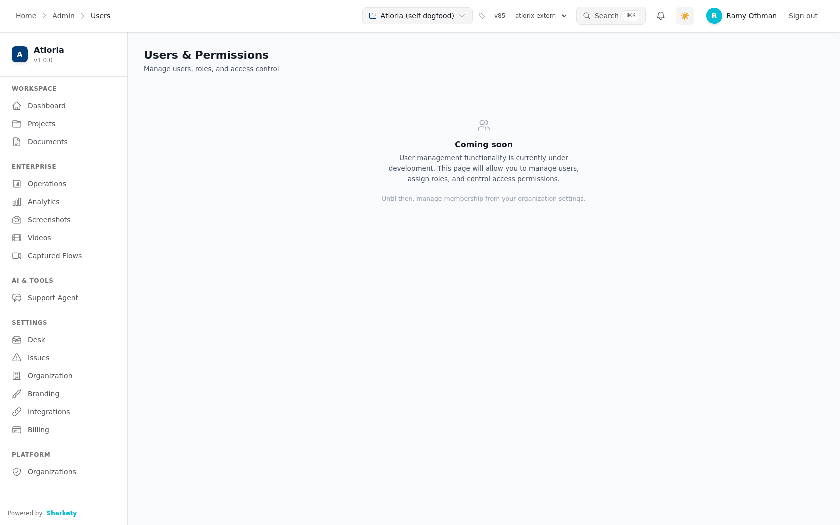 Identify the Users & Permissions page and its current status message.