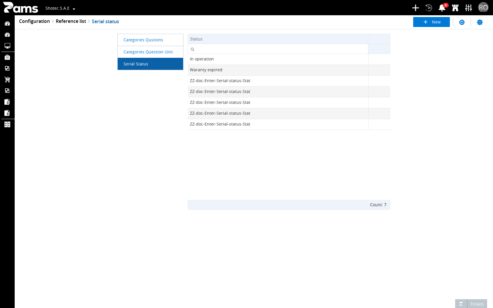The serial-status list under Reference list and Configuration, with the Status column visible
