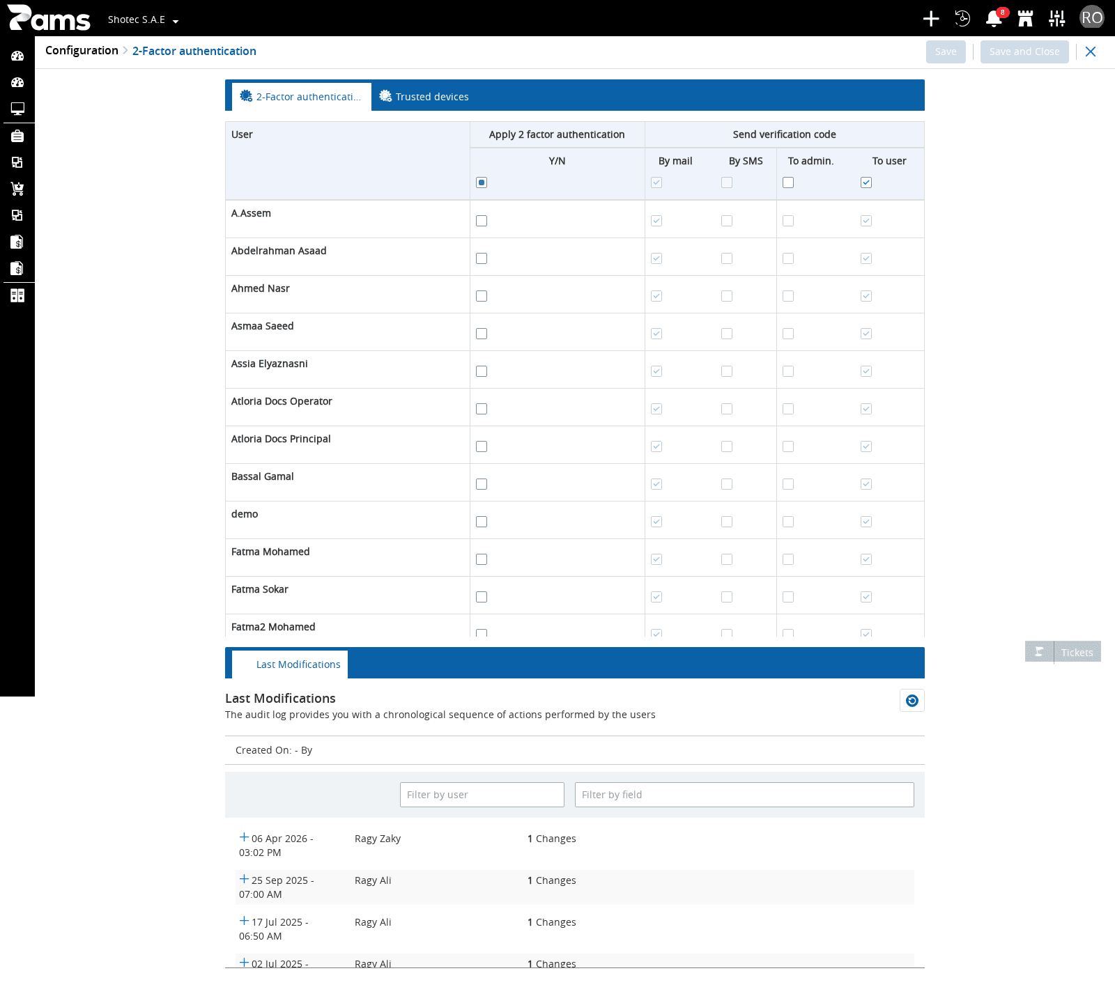 Review the user rows and grouped two-factor headers before changing a setting.