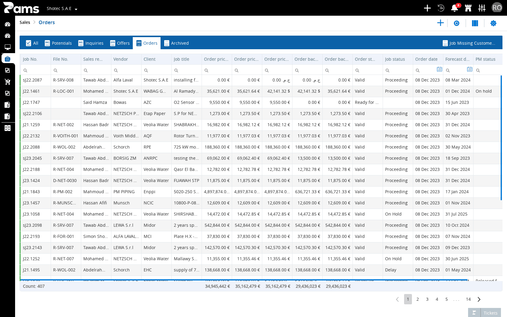 Identify an order from the Orders list headers