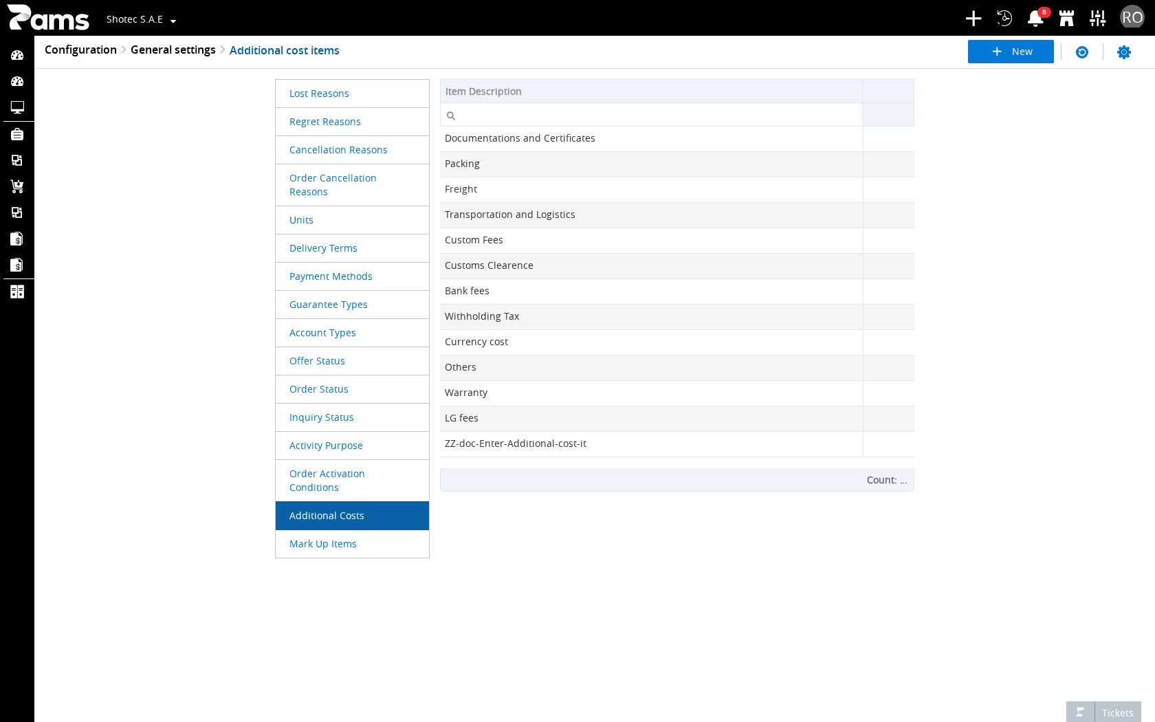 Look for the Additional cost items heading,
the breadcrumbs, the Additional Costs entry, and the Item Description column.