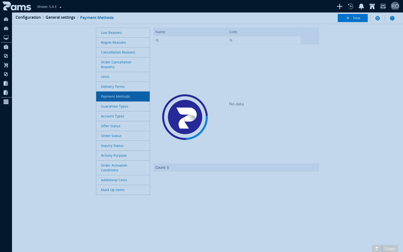 Look for the Payment Methods heading, the Name and Code columns, and the New, Refresh, and Settings controls.