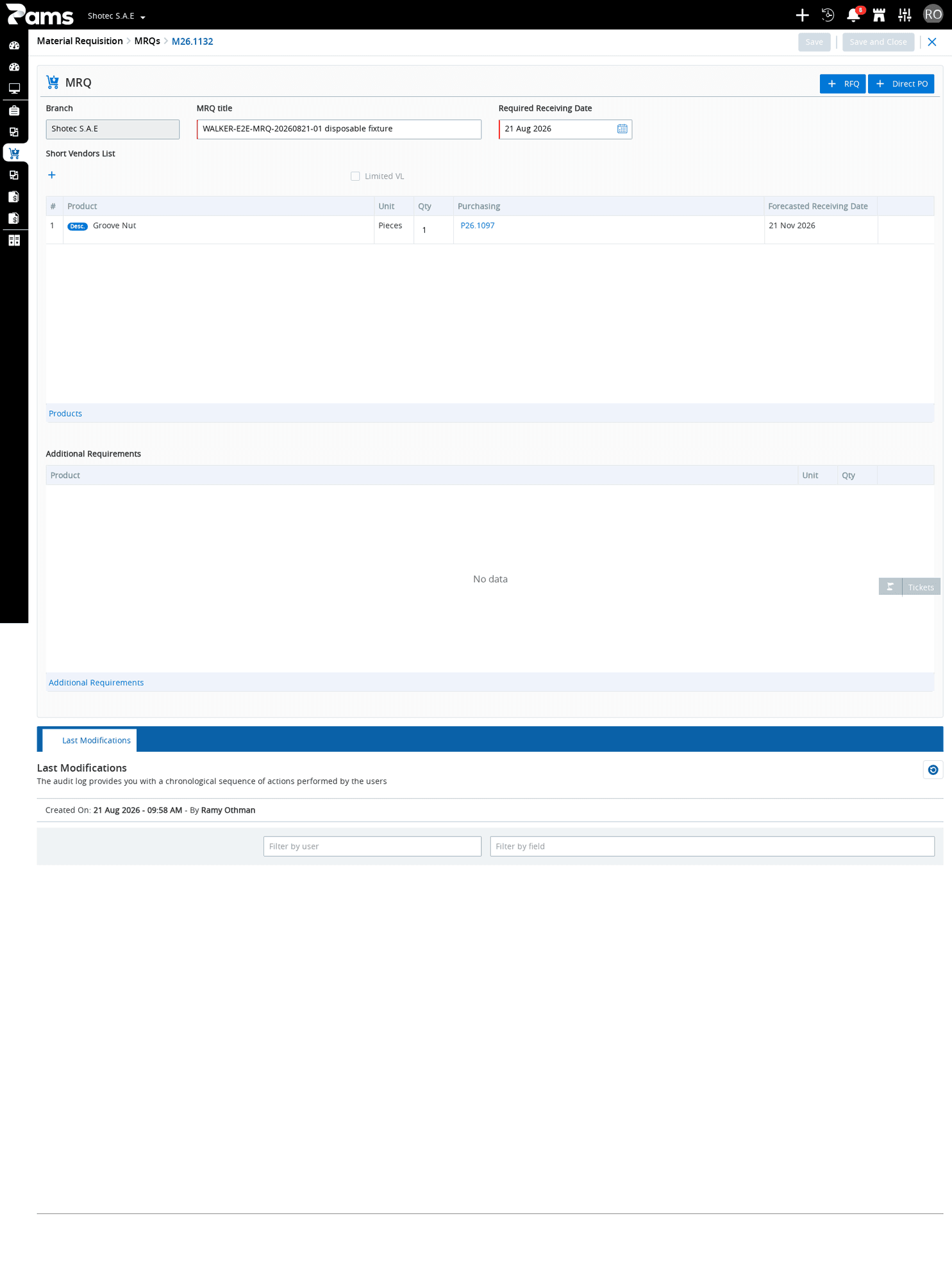 Check the header fields, product columns, save controls, and Last Modifications surface.