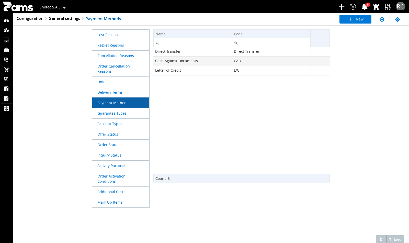 Look for the three rows, their Name and Code headers, and the sibling reference-list navigation.