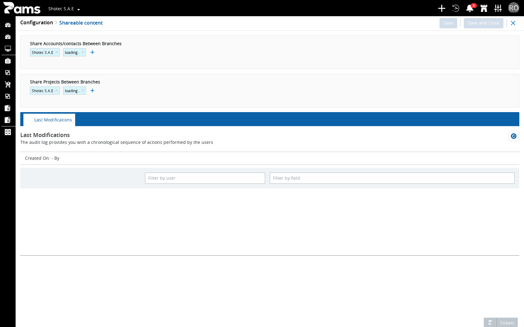 Identify the sharing fields, save actions, and modification history on the page