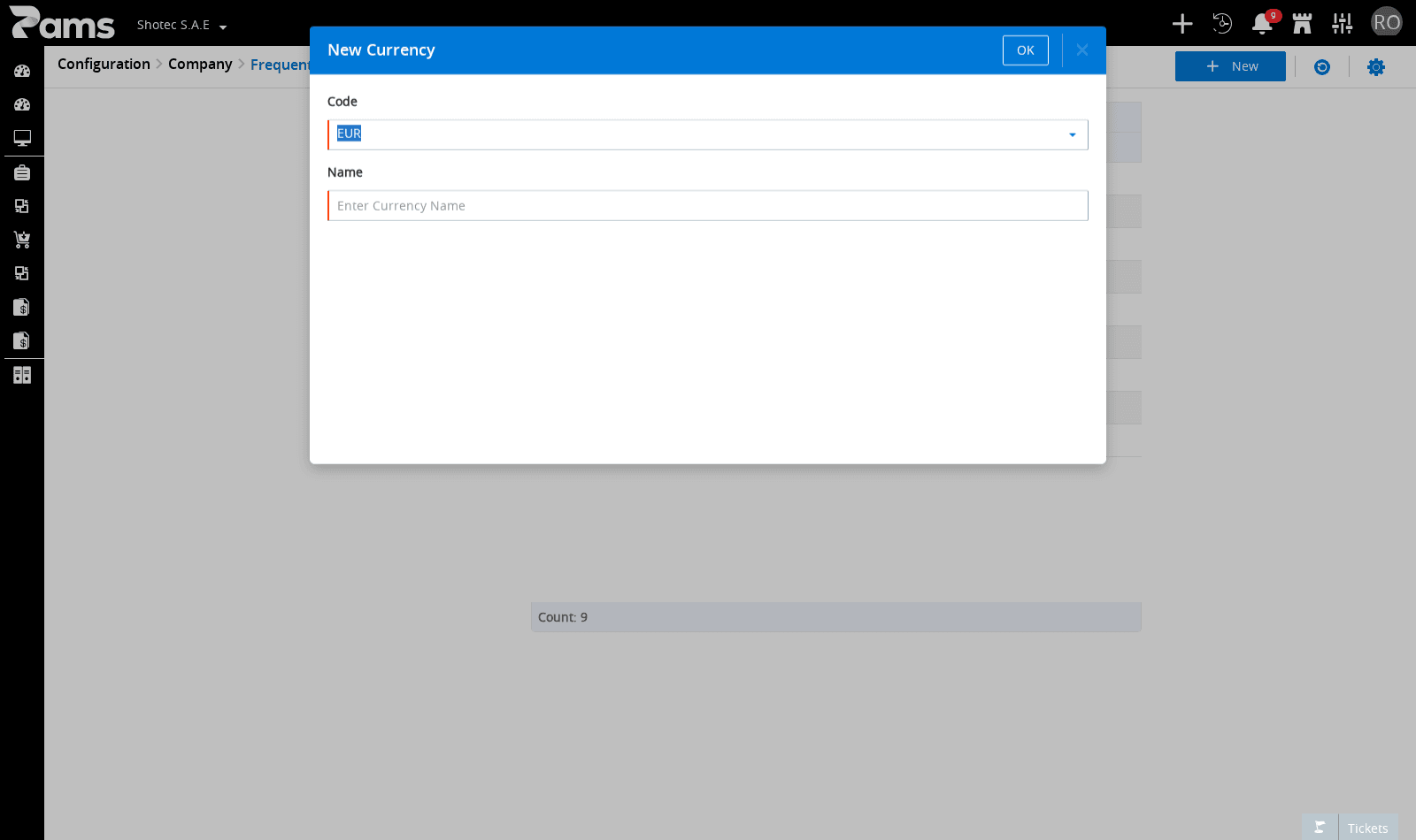 The new currency form with Code, Name, and OK